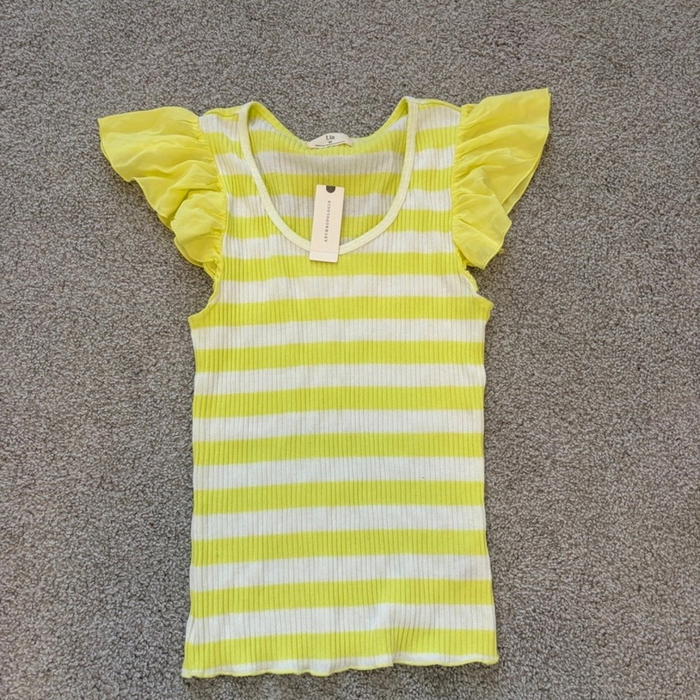 Anthropologie t.la Yellow Striped Ruffle Tee Womens M Ribbed Flutter Preppy